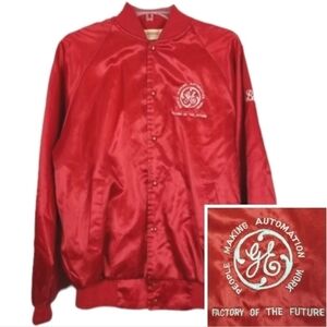 Vintage USA Satin Jacket Bomber GE Factory of The Future Embroidered Snap Red L